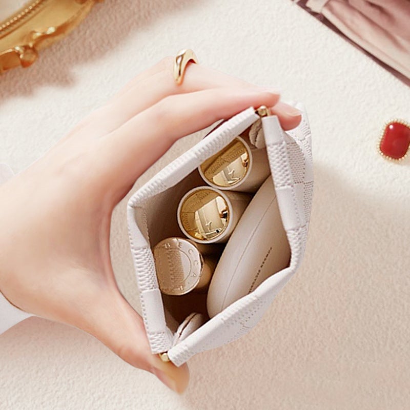 Checkerboard Automatic Closing Cosmetics Bag Portable Cosmetics Bag Waterproof And Dustproof Earphone Jewelry Storage Small Bag Cosmetic Bag - Image 3